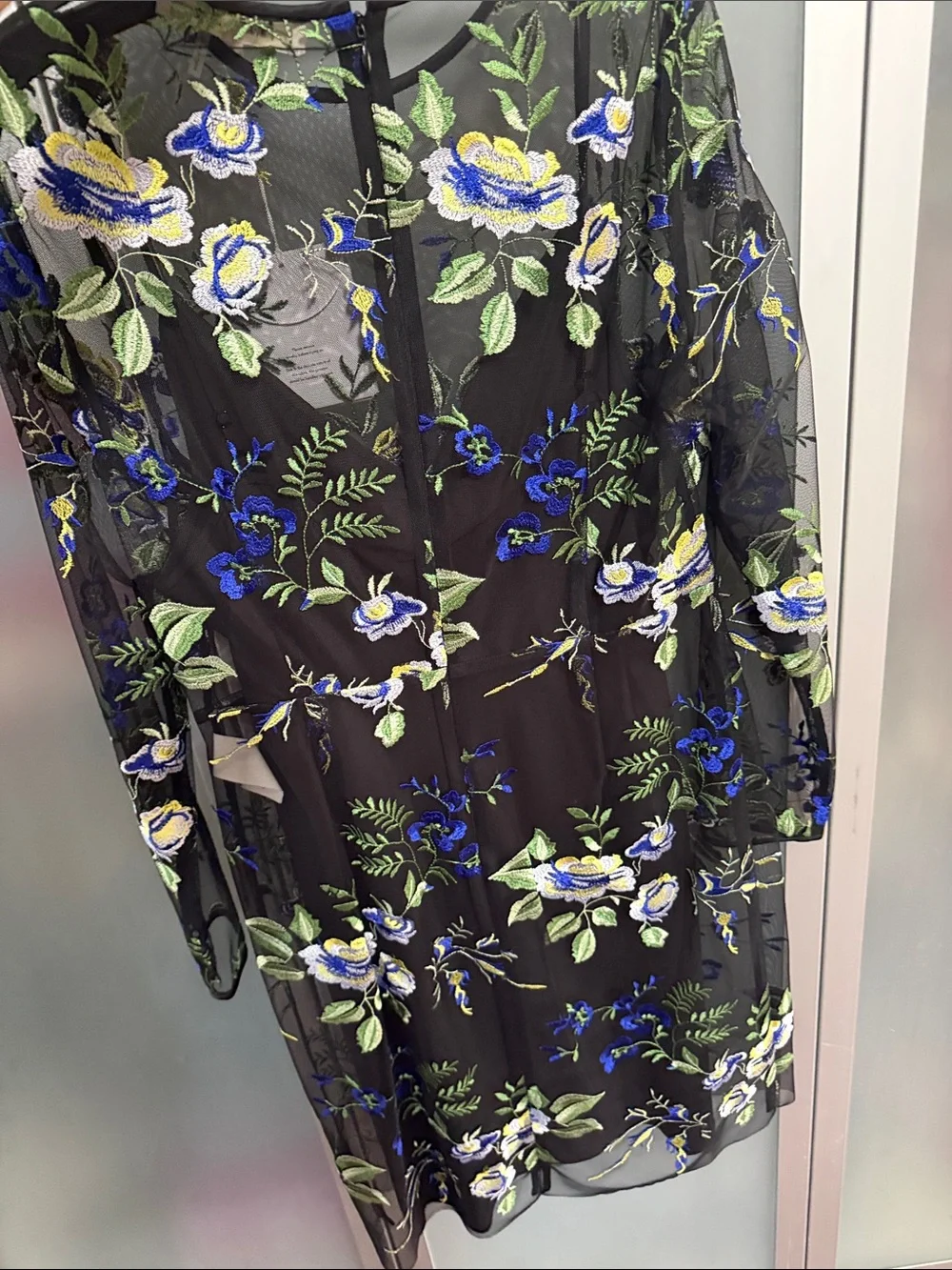 Floral Embroidered Black Mesh Dress - Blue & Green Accents